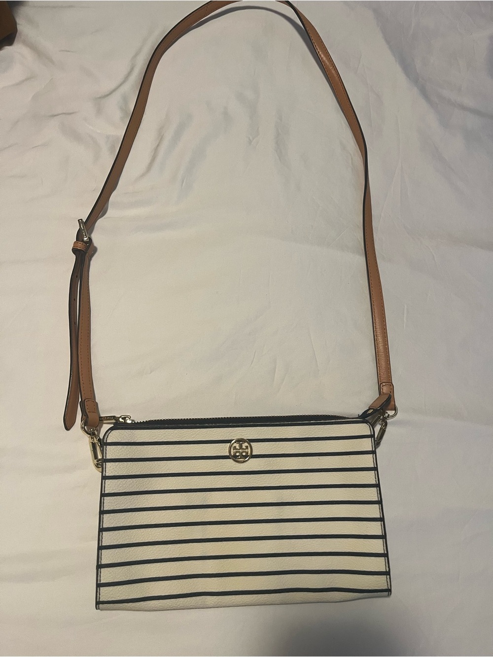 Tory Burch Cream & Navy Striped Crossbody with Tan Strap
